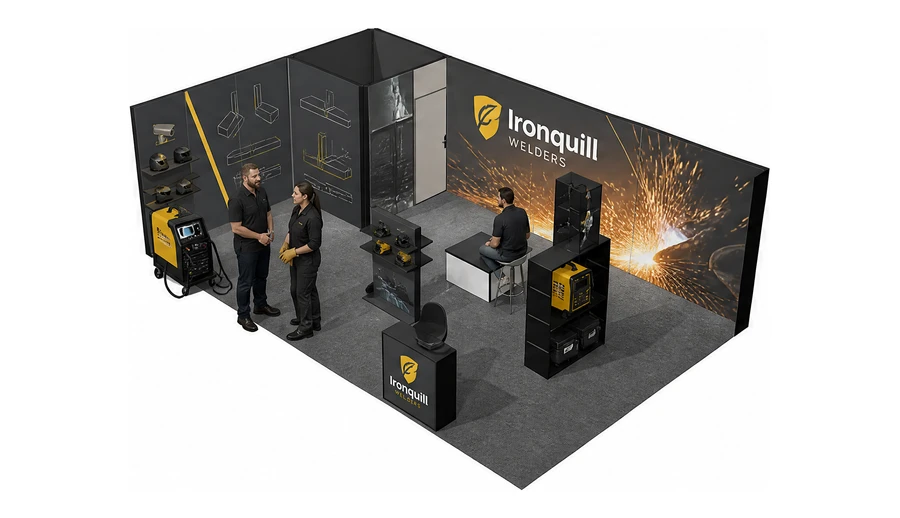 Stoisko 8 × 5 m narożne lewe dla branży spawalnictwo, przykładowa marka Ironquill Welders