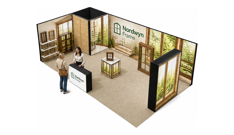 Stoisko 8 × 5 m narożne lewe dla branży okna i drzwi, przykładowa marka Nordwyn Frame