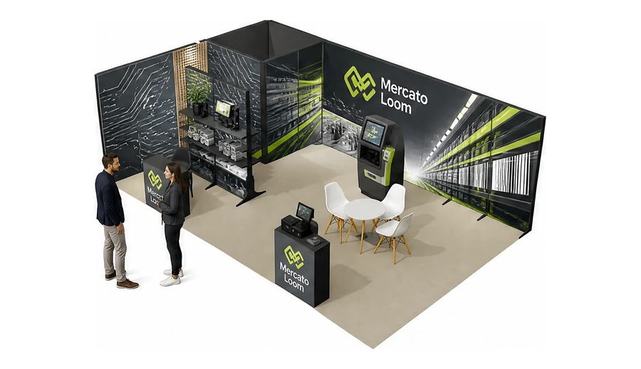 Stoisko 8 × 5 m narożne lewe dla branży technologie dla handlu, przykładowa marka Mercato Loom