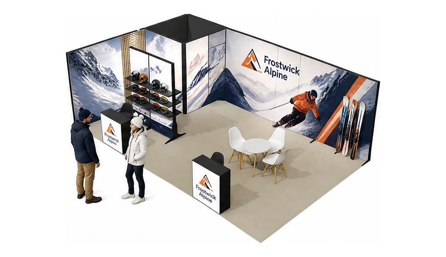 Stoisko 8 × 5 m narożne lewe dla branży narciarstwo i sporty zimowe, przykładowa marka Frostwick Alpine