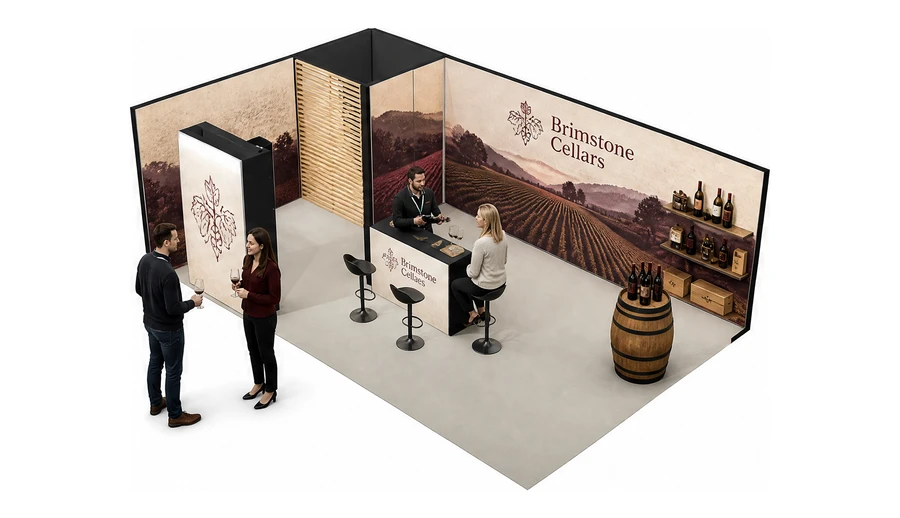 Stoisko 8 × 5 m narożne lewe dla branży winnica, przykładowa marka Brimstone Cellars