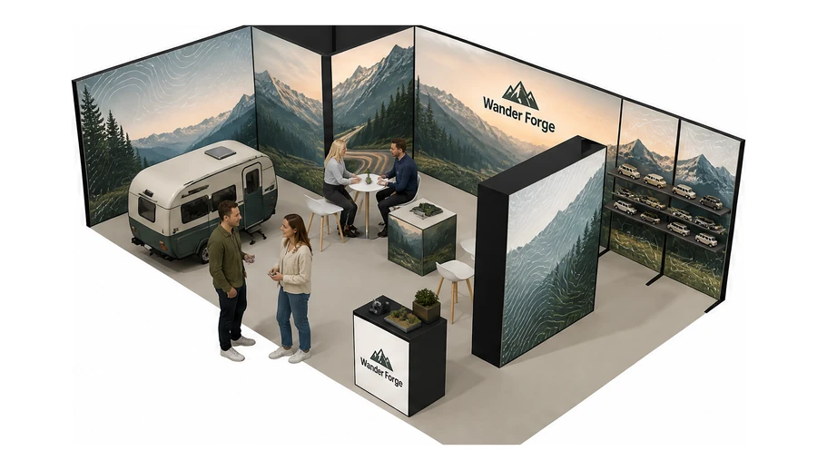 Stoisko 8 × 5 m narożne lewe dla branży caravaning i kampery, przykładowa marka Wander Forge