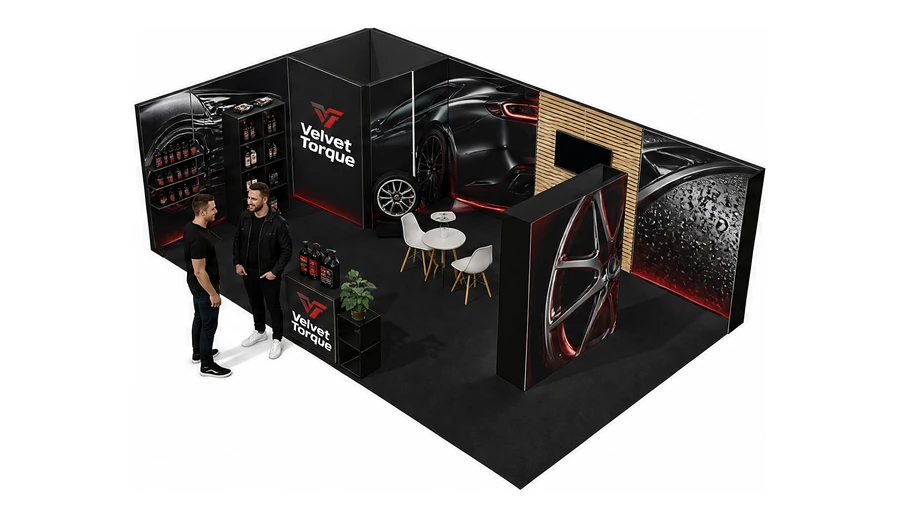 Stoisko 8 × 5 m narożne lewe dla branży tuning i detailing, przykładowa marka Velvet Torque