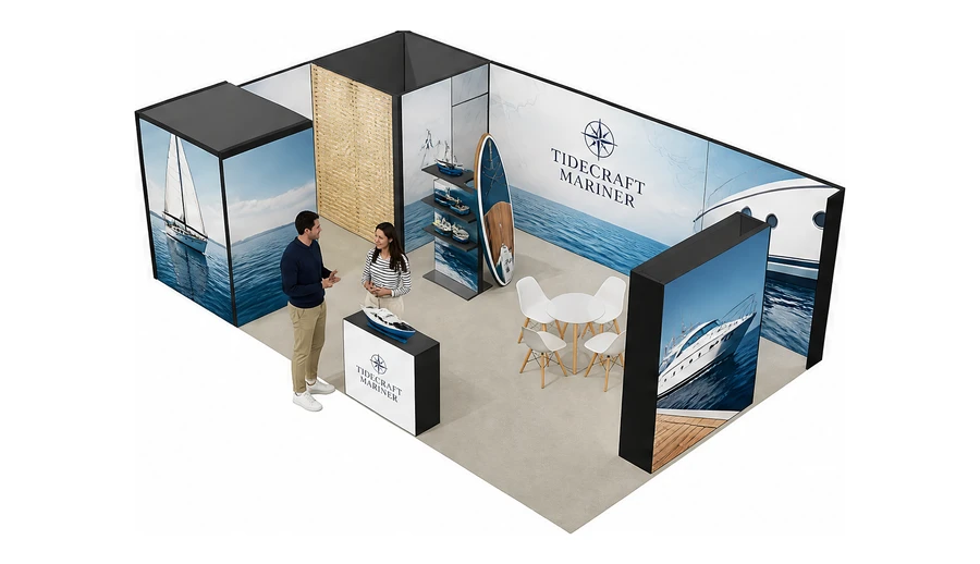 Stoisko 8 × 5 m narożne lewe dla branży jachty i łodzie, przykładowa marka Tidecraft Mariner