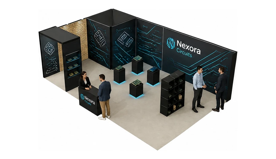 Stoisko 8 × 5 m narożne lewe dla branży komponenty elektroniczne, przykładowa marka Nexora Circuits