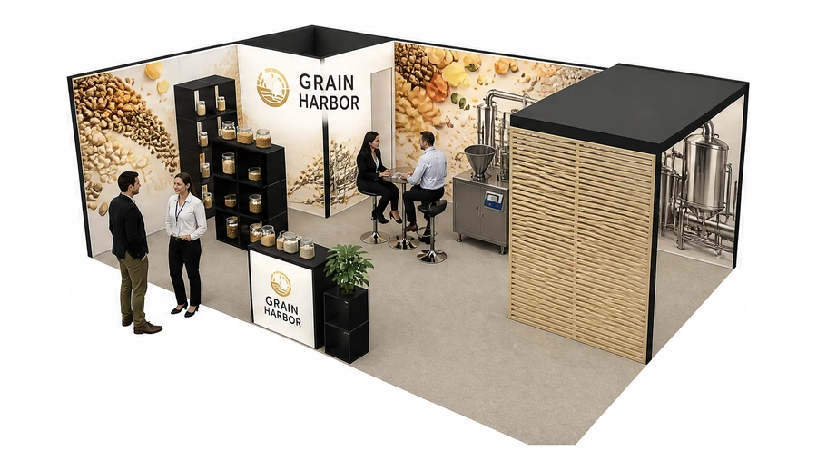 Stoisko 8 × 5 m narożne lewe dla branży technologie spożywcze, przykładowa marka Grain Harbor