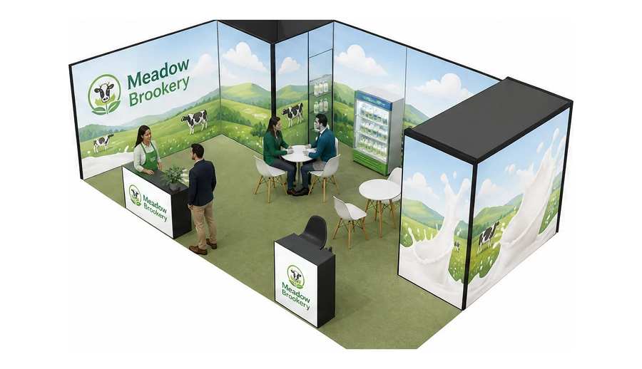 Stoisko 8 × 5 m narożne lewe dla branży nabiał i mleczarstwo, przykładowa marka Meadow Brookery