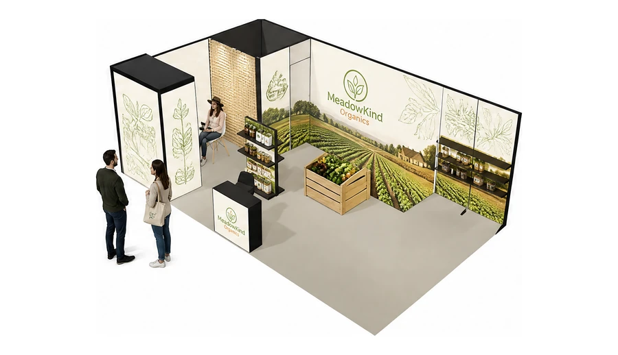 Stoisko 8 × 5 m narożne lewe dla branży żywność ekologiczna, przykładowa marka MeadowKind Organics