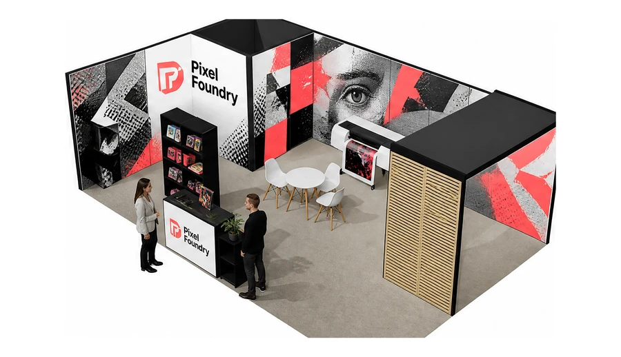 Stoisko 8 × 5 m narożne lewe dla branży reklama i druk, przykładowa marka Pixel Foundry