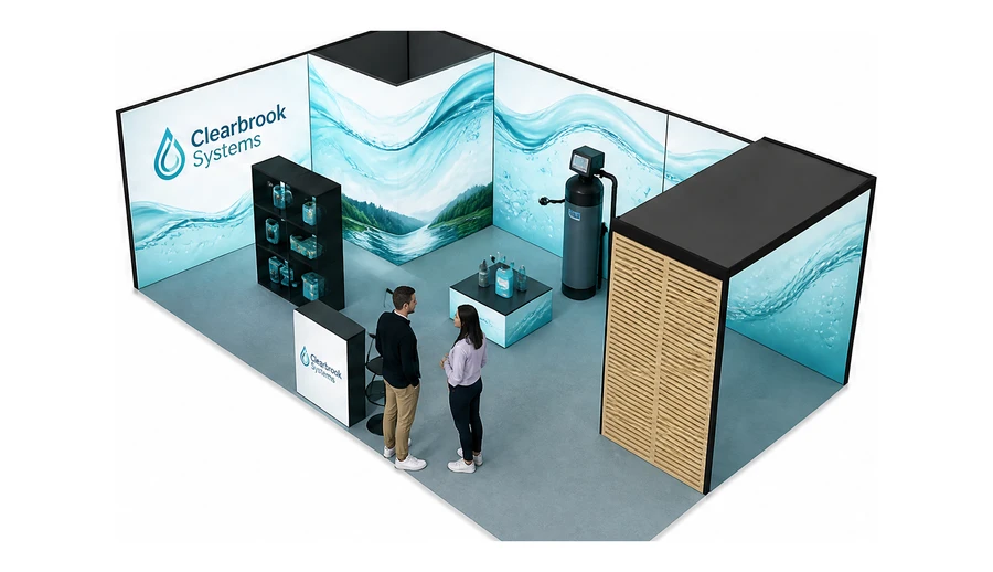 Stoisko 8 × 5 m narożne lewe dla branży technologie wodne, przykładowa marka Clearbrook Systems