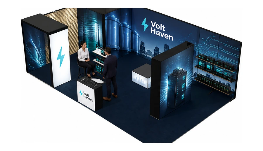 Stoisko 8 × 5 m narożne lewe dla branży magazyny energii, przykładowa marka Volt Haven