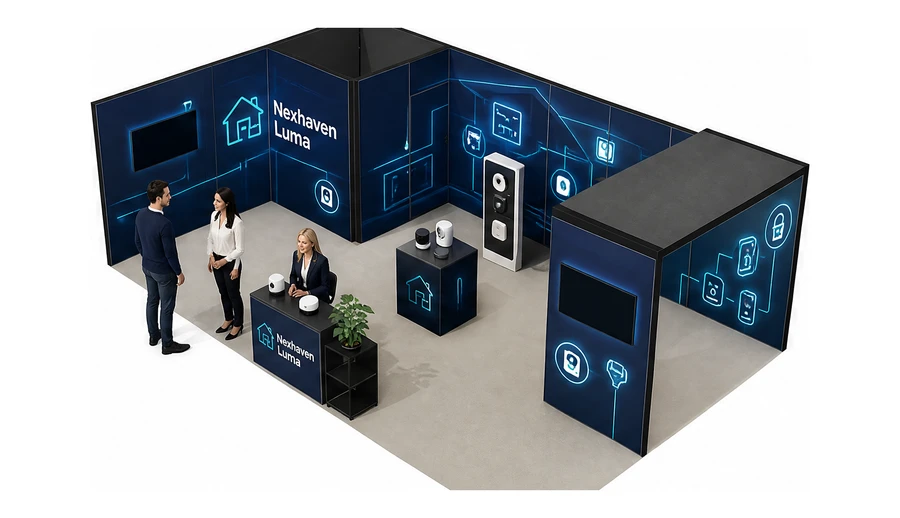 Stoisko 8 × 5 m narożne lewe dla branży smart home i IoT, przykładowa marka Nexhaven Luma