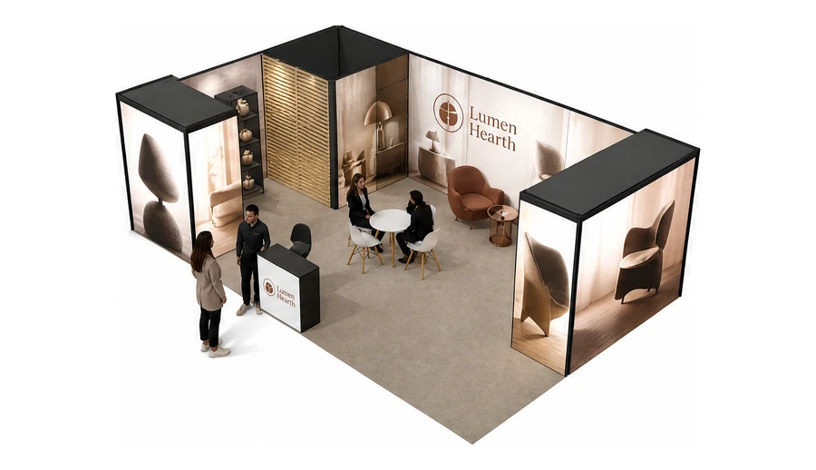 Stoisko 8 × 5 m narożne lewe dla branży meble designerskie, przykładowa marka Lumen Hearth