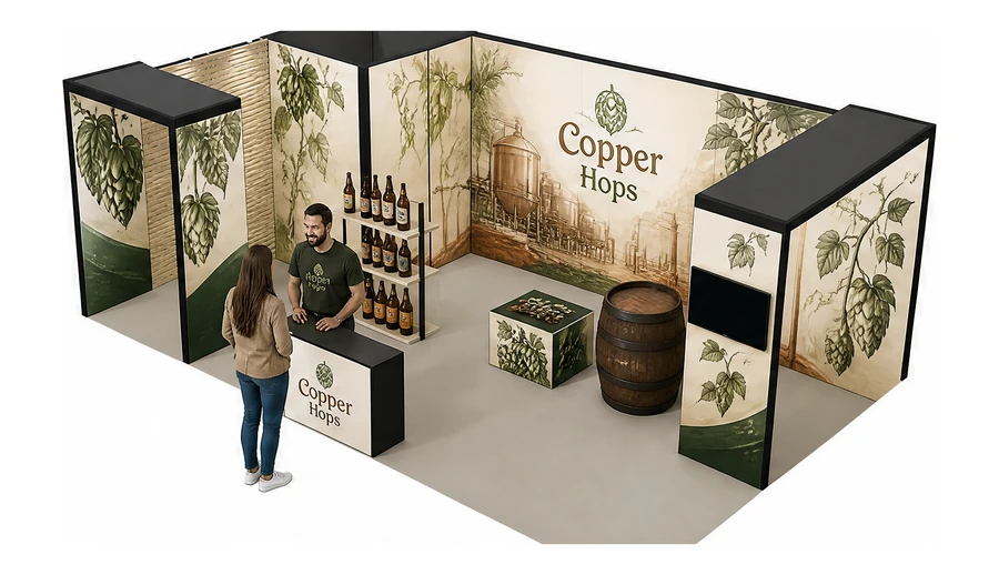 Stoisko 8 × 5 m narożne lewe dla branży browar rzemieślniczy, przykładowa marka Copper Hops