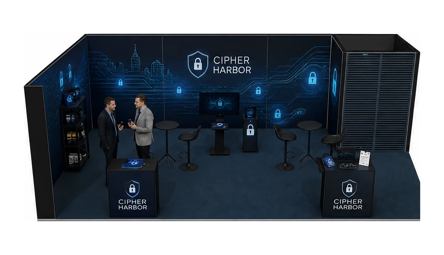 Stoisko 8 × 5 m narożne lewe dla branży cyberbezpieczeństwo, przykładowa marka Cipher Harbor