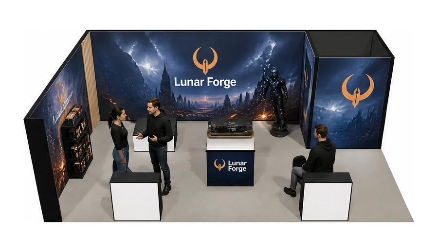 Stoisko 8 × 5 m narożne lewe dla branży gry wideo, przykładowa marka Lunar Forge