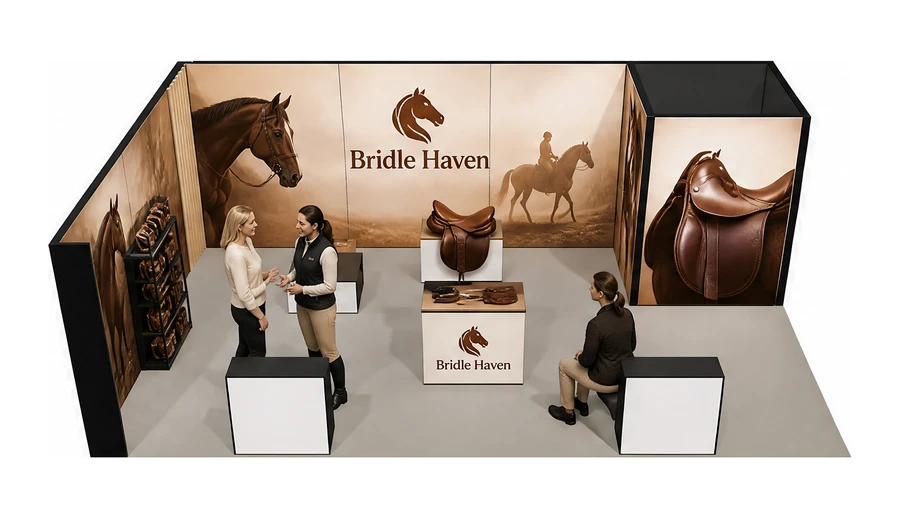Stoisko 8 × 5 m narożne lewe dla branży jeździectwo, przykładowa marka Bridle Haven