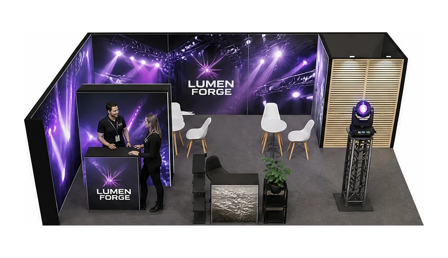 Stoisko 8 × 5 m narożne lewe dla branży branża eventowa, przykładowa marka Lumen Forge