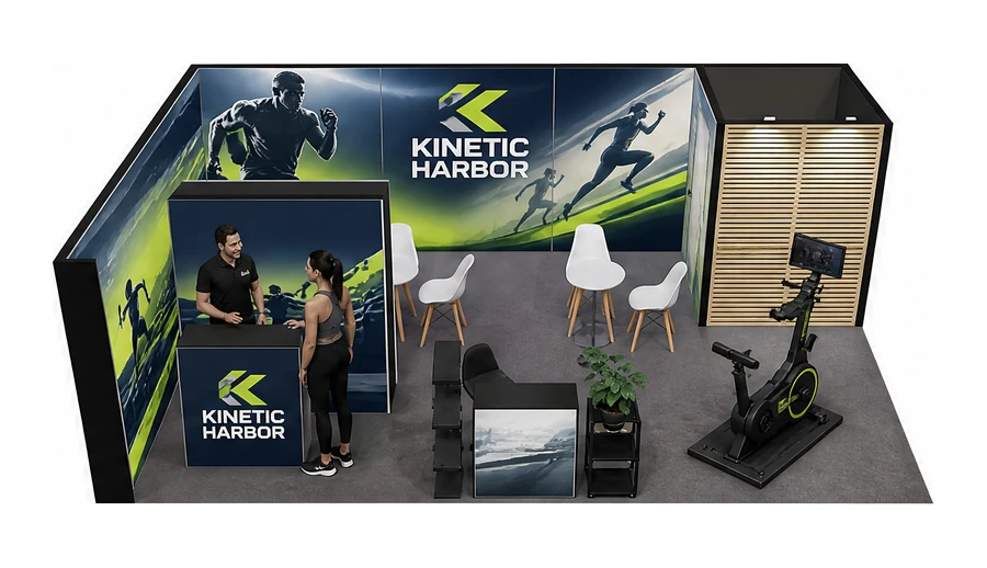 Stoisko 8 × 5 m narożne lewe dla branży fitness i siłownie, przykładowa marka Kinetic Harbor