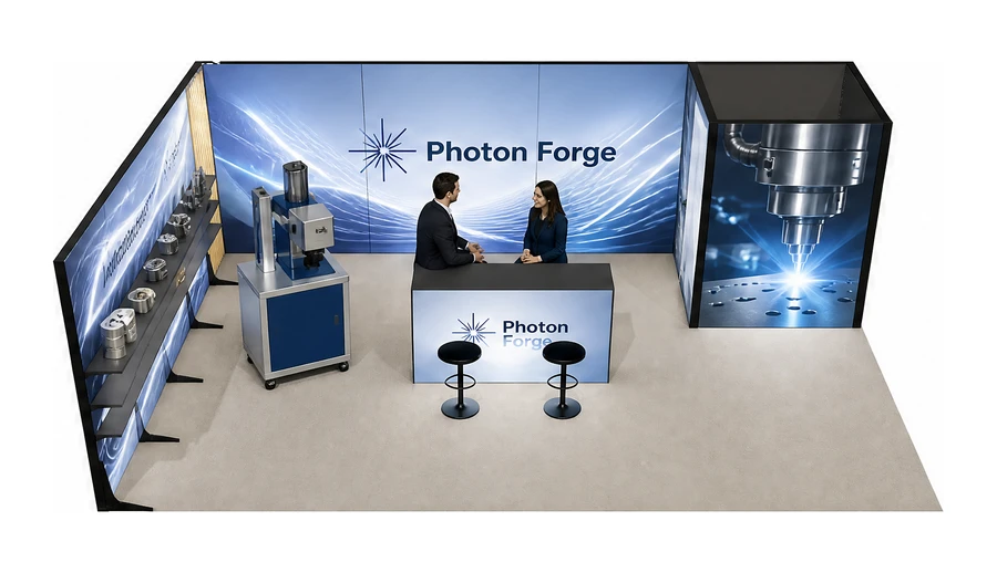 Stoisko 8 × 5 m narożne lewe dla branży technika laserowa i fotonika, przykładowa marka Photon Forge