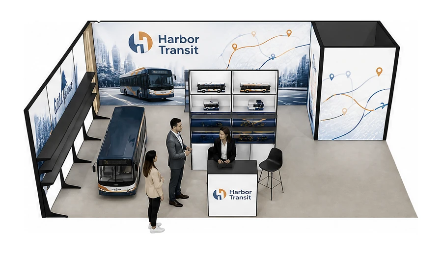 Stoisko 8 × 5 m narożne lewe dla branży autobusy i transport zbiorowy, przykładowa marka Harbor Transit