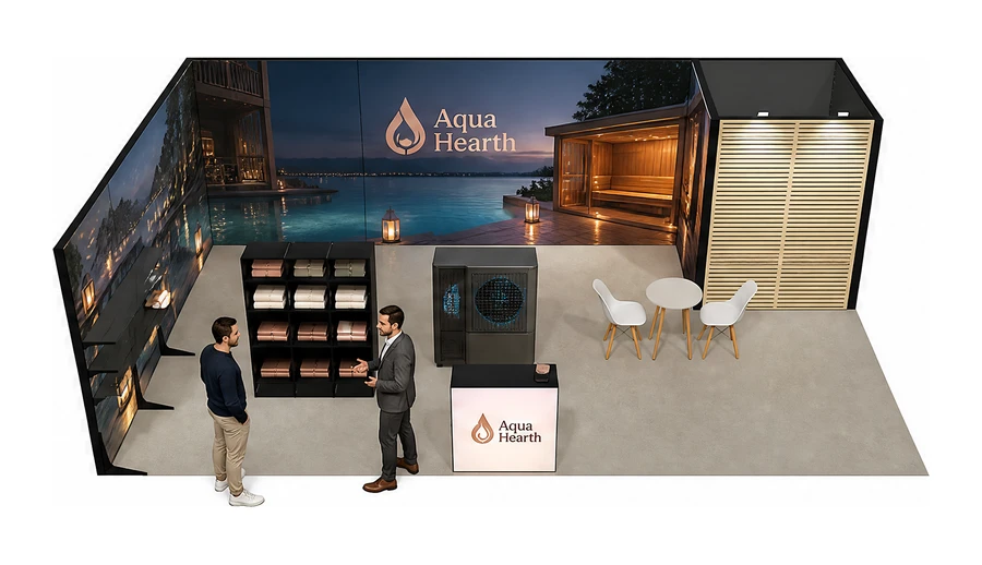 Stoisko 8 × 5 m narożne lewe dla branży baseny i sauny, przykładowa marka Aqua Hearth