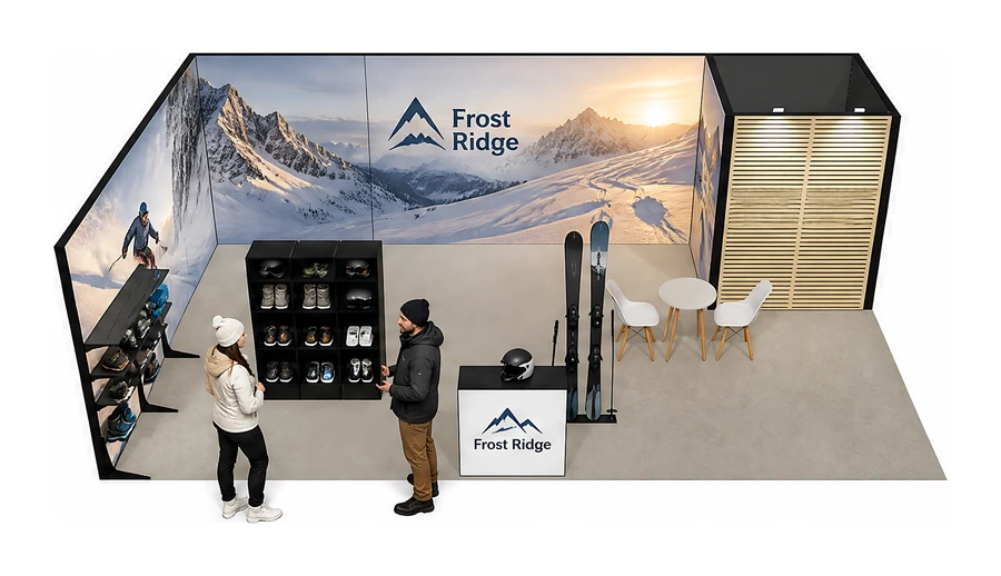 Stoisko 8 × 5 m narożne lewe dla branży narciarstwo i sporty zimowe, przykładowa marka Frost Ridge