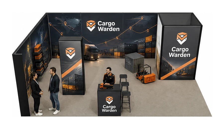 Stoisko 8 × 5 m narożne lewe dla branży logistyka i spedycja, przykładowa marka Cargo Warden