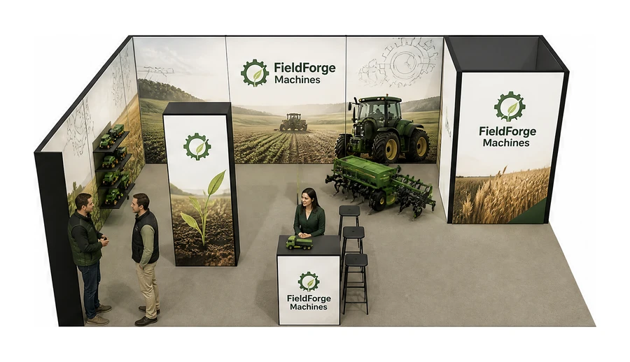 Stoisko 8 × 5 m narożne lewe dla branży maszyny rolnicze, przykładowa marka FieldForge Machines