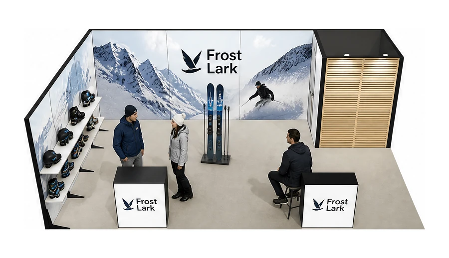Stoisko 8 × 5 m narożne lewe dla branży narciarstwo i sporty zimowe, przykładowa marka Frost Lark