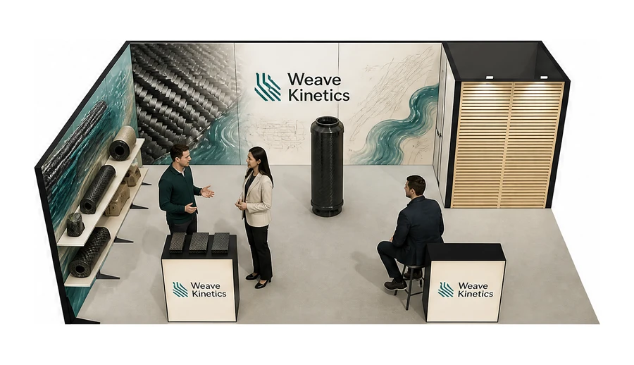 Stoisko 8 × 5 m narożne lewe dla branży materiały kompozytowe, przykładowa marka Weave Kinetics