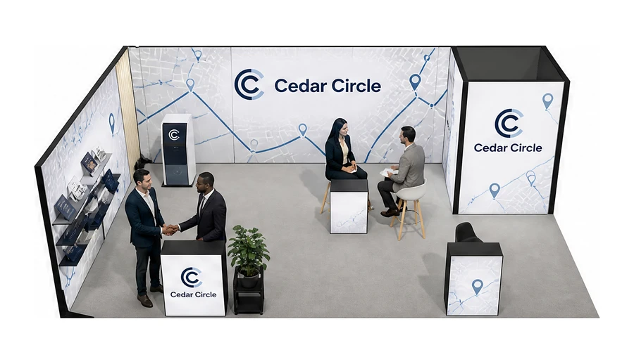 Stoisko 8 × 5 m narożne lewe dla branży franczyza i sieci, przykładowa marka Cedar Circle
