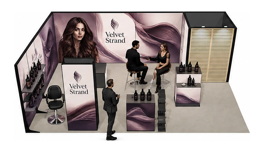 Stoisko 8 × 5 m narożne lewe dla branży fryzjerstwo i salony beauty, przykładowa marka Velvet Strand