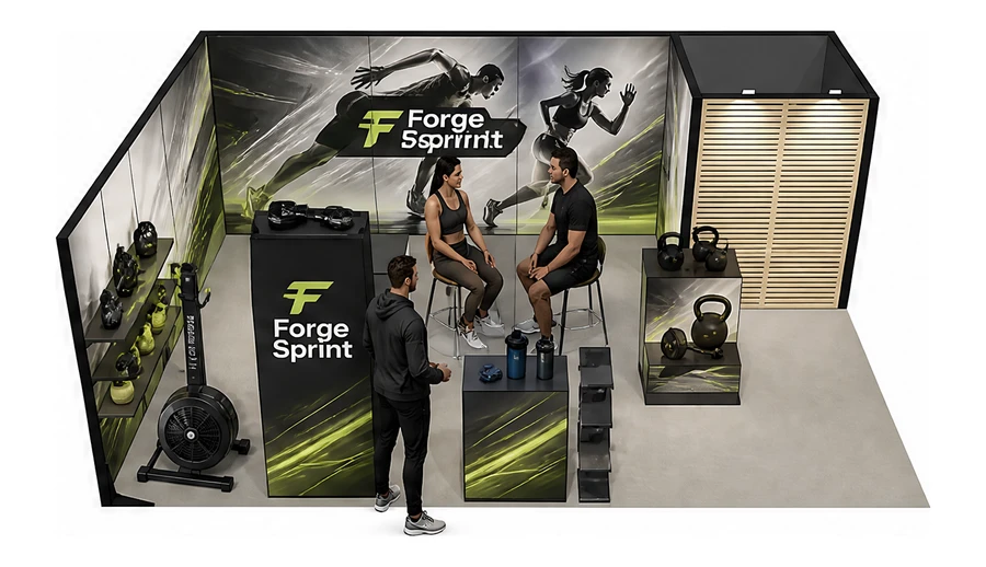 Stoisko 8 × 5 m narożne lewe dla branży fitness i siłownie, przykładowa marka Forge Sprint