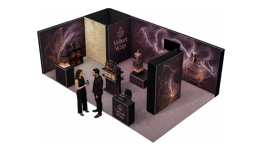 Stoisko 8 × 5 m narożne lewe dla branży perfumy, przykładowa marka Velvet Wisp