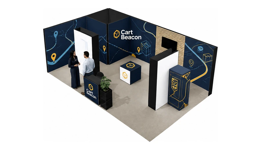 Stoisko 8 × 5 m narożne lewe dla branży e-commerce, przykładowa marka Cart Beacon