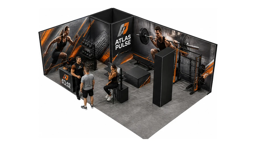 Stoisko 8 × 5 m narożne lewe dla branży fitness i siłownie, przykładowa marka Atlas Pulse