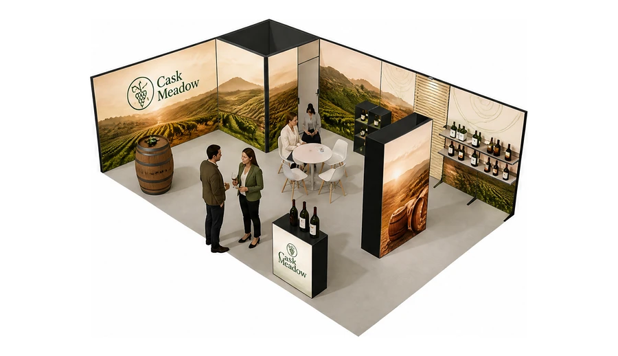 Stoisko 8 × 5 m narożne lewe dla branży winnica, przykładowa marka Cask Meadow