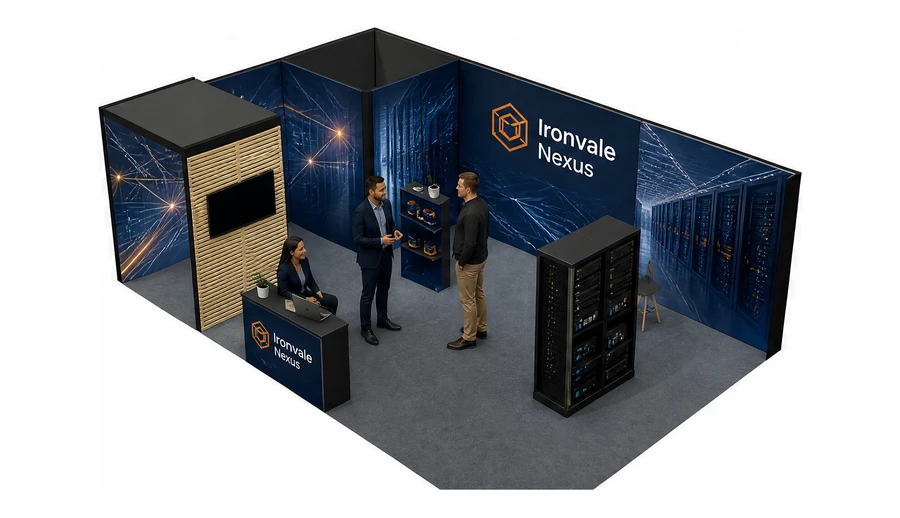 Stoisko 8 × 5 m narożne lewe dla branży infrastruktura IT i data center, przykładowa marka Ironvale Nexus