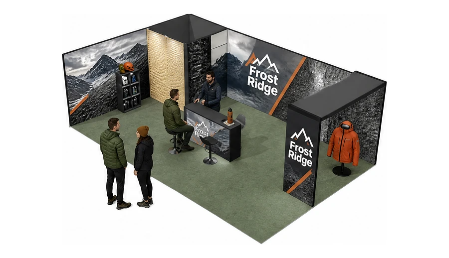 Stoisko 8 × 5 m narożne lewe dla branży odzież i sprzęt outdoorowy, przykładowa marka Frost Ridge