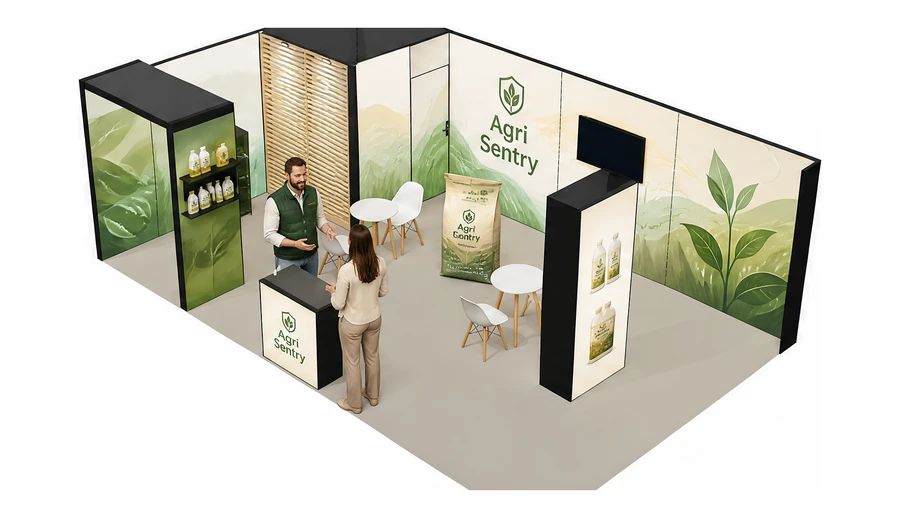 Stoisko 8 × 5 m narożne lewe dla branży nawozy i ochrona roślin, przykładowa marka Agri Sentry