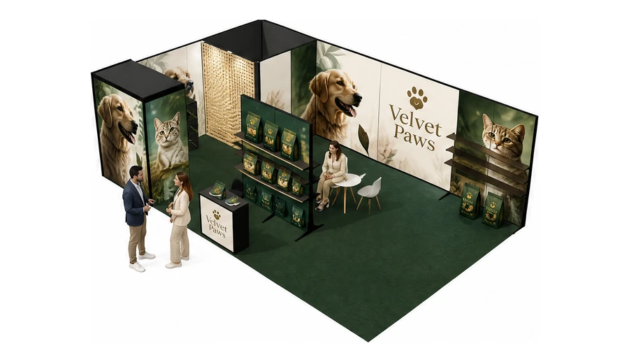 Stoisko 8 × 5 m narożne lewe dla branży karma dla zwierząt, przykładowa marka Velvet Paws