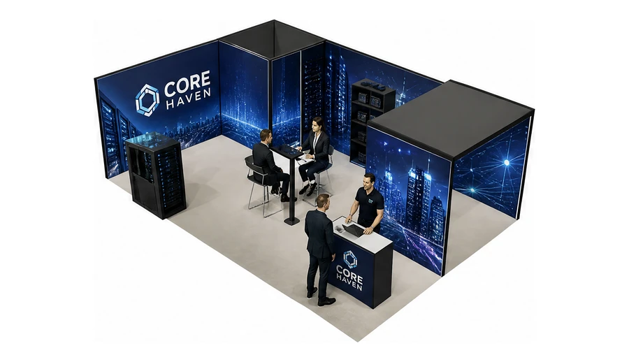 Stoisko 8 × 5 m narożne lewe dla branży infrastruktura IT i data center, przykładowa marka Core Haven
