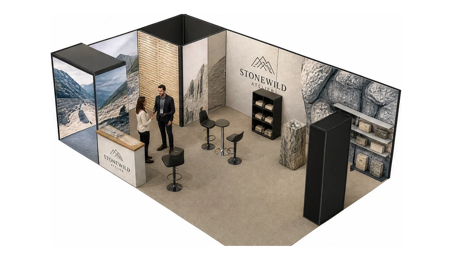 Stoisko 8 × 5 m narożne lewe dla branży kamień i kamieniarstwo, przykładowa marka Stonewild Atelier