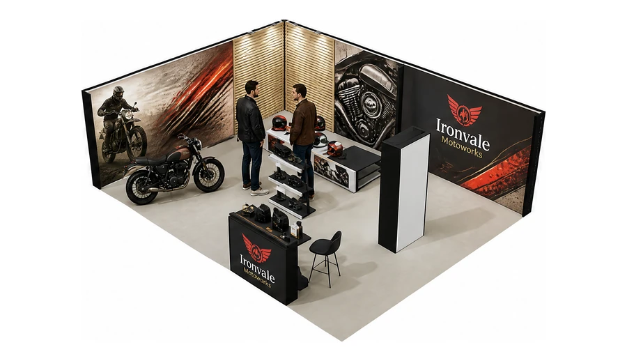 Stoisko 8 × 6 m narożne lewe dla branży motocykle i skutery, przykładowa marka Ironvale Motoworks