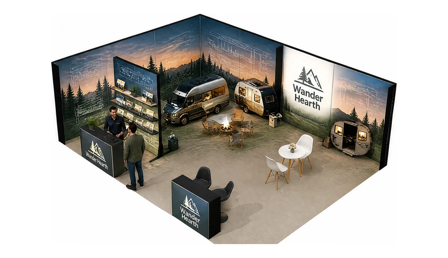 Stoisko 8 × 6 m narożne lewe dla branży caravaning i kampery, przykładowa marka Wander Hearth