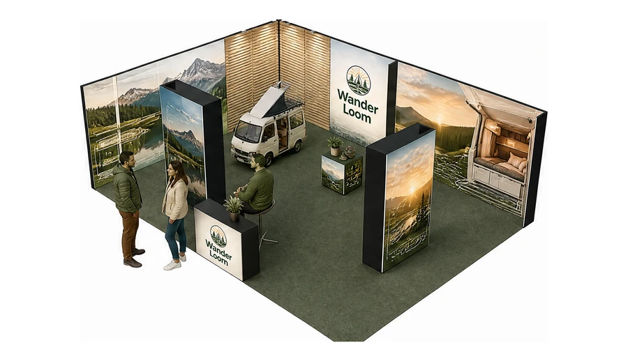 Stoisko 8 × 6 m narożne lewe dla branży caravaning i kampery, przykładowa marka Wander Loom
