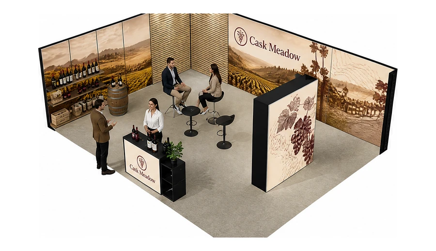 Stoisko 8 × 6 m narożne lewe dla branży winnica, przykładowa marka Cask Meadow