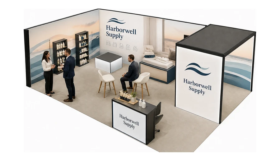 Stoisko 8 × 6 m narożne lewe dla branży wyposażenie hoteli, przykładowa marka Harborwell Supply