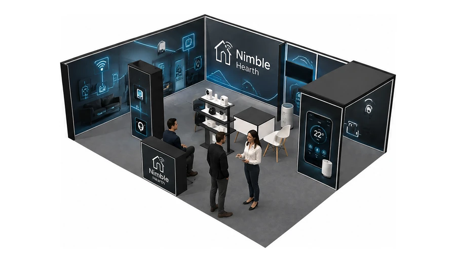 Stoisko 8 × 6 m narożne lewe dla branży smart home i IoT, przykładowa marka Nimble Hearth